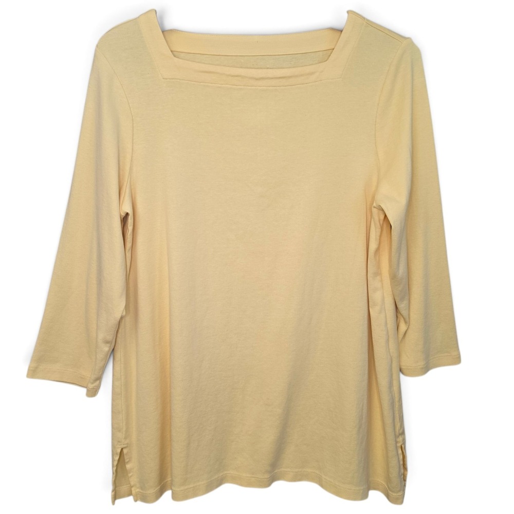 Chicos Top Womens Size 2 Large Yellow Square Neck Pima Cotton 3/4 Sleeve